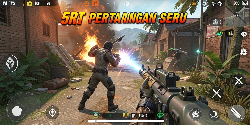 Screenshot gameplay intens dari 5RT yang menunjukkan aksi tembak-menembak.