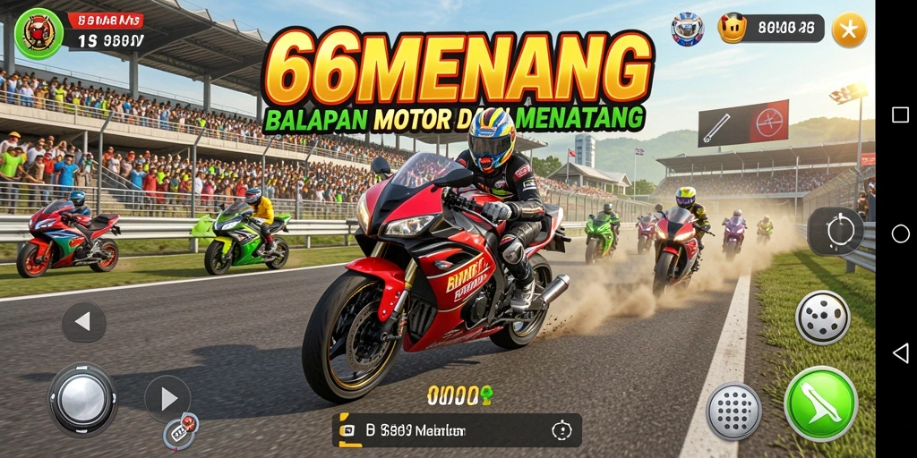 Gameplay 66MENANG dengan aksi balapan motor yang mendebarkan.
