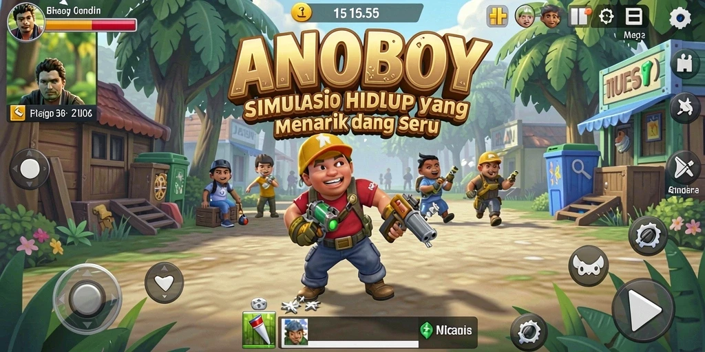 Screenshot ANOBOY menunjukkan karakter bermain di lingkungan simulasi yang menarik.