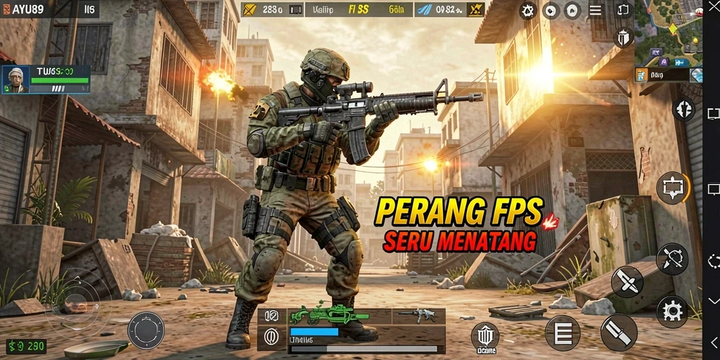 Tampilan gameplay seru dalam pertempuran FPS AYU89.