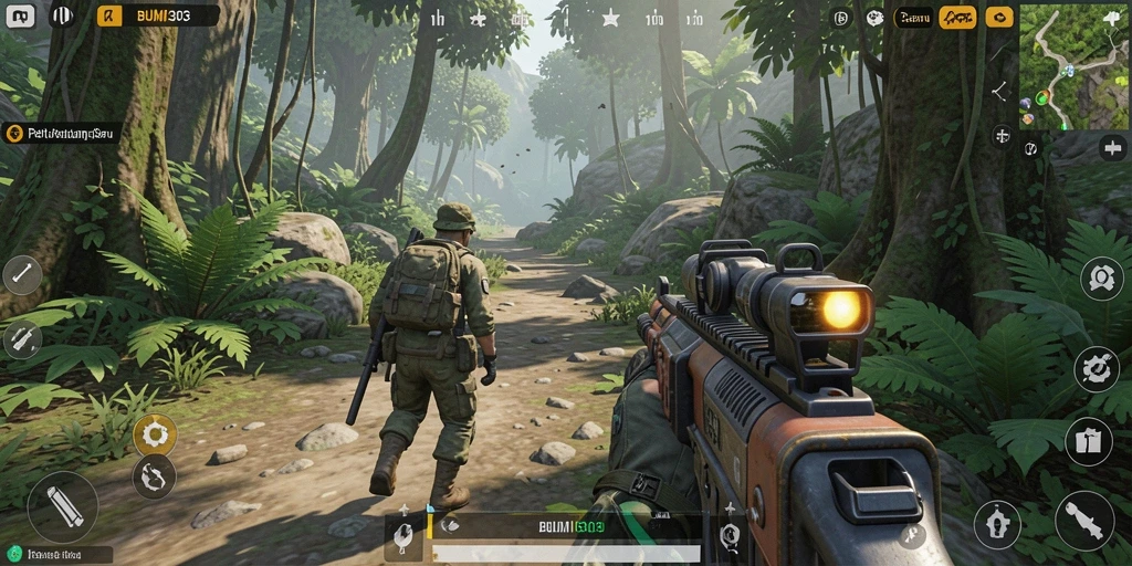 Screenshot BUMI303 menampilkan aksi seru dalam game TPS.