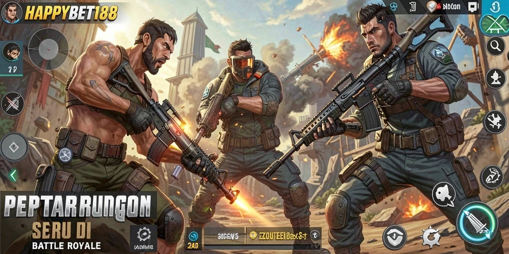 Tangkapan layar gameplay <strong>HAPPYBET188</strong> menunjukkan aksi seru dalam pertempuran Battle Royale.