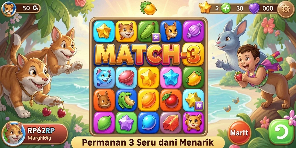 Screenshot utama RP62RP menampilkan gameplay seru tingkat Match-3.