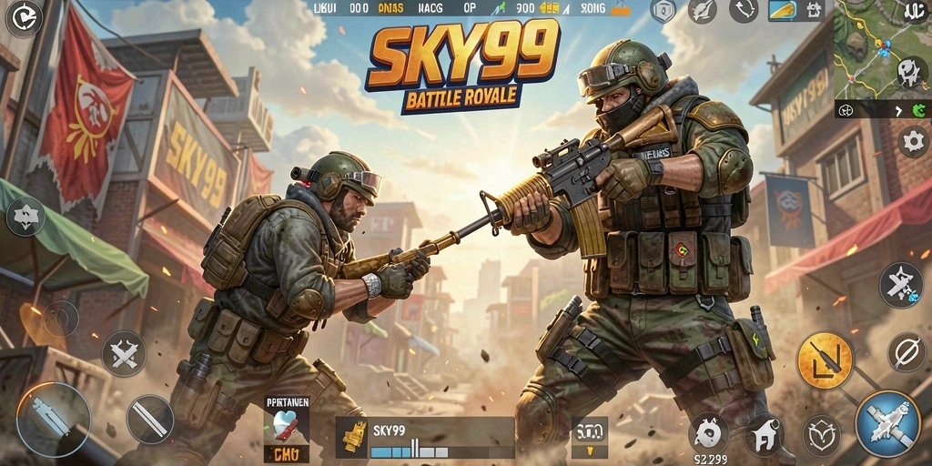 Tangkapan layar gameplay SKY99 menampilkan pertempuran mendebarkan dalam arena Battle Royale.
