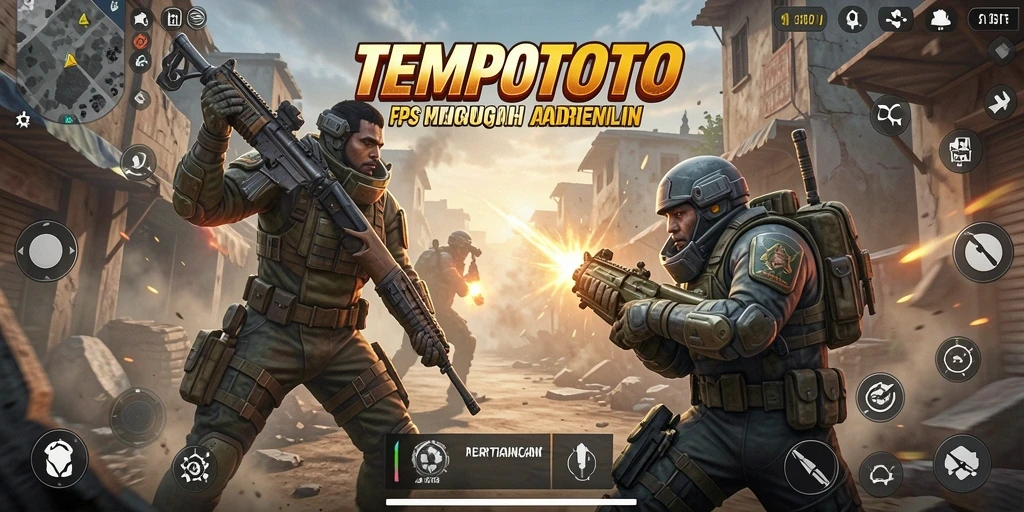 Tampilan gameplay TEMPOTOTO dengan aksi tembak-menembak yang epik.